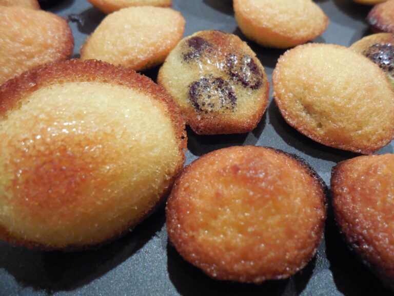 Farandole de madeleines / Recette de madeleines natures, aux pépites de chocolat et à la confiture de fraise